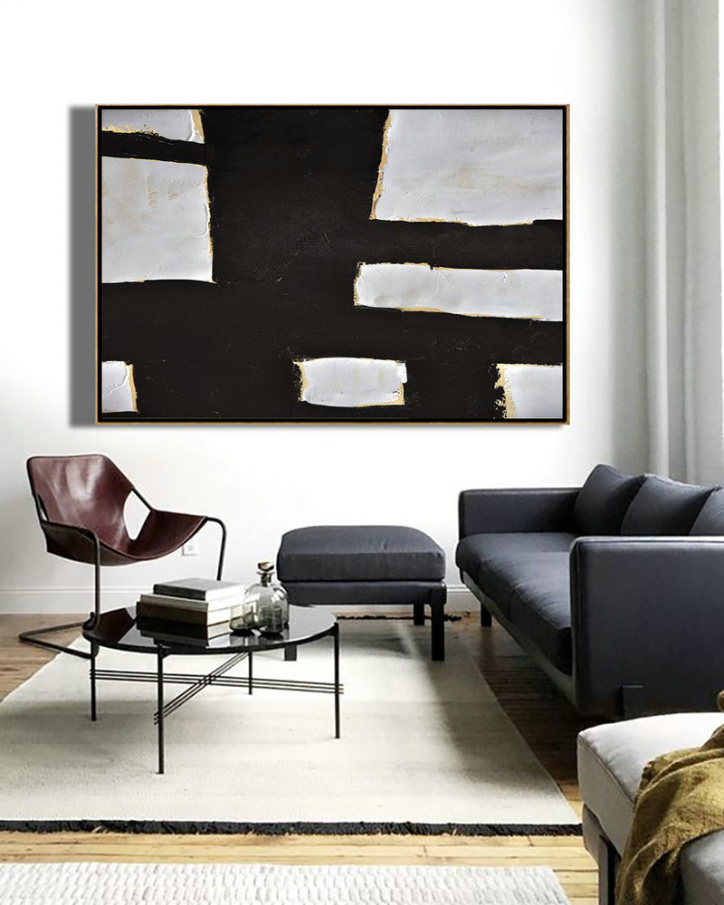 Abstract Art Decor,Contemporary Painting,Horizontal Palette Knife Minimal Canvas Art Painting Black White Beige,Hand Paint Large Art #S3A2
